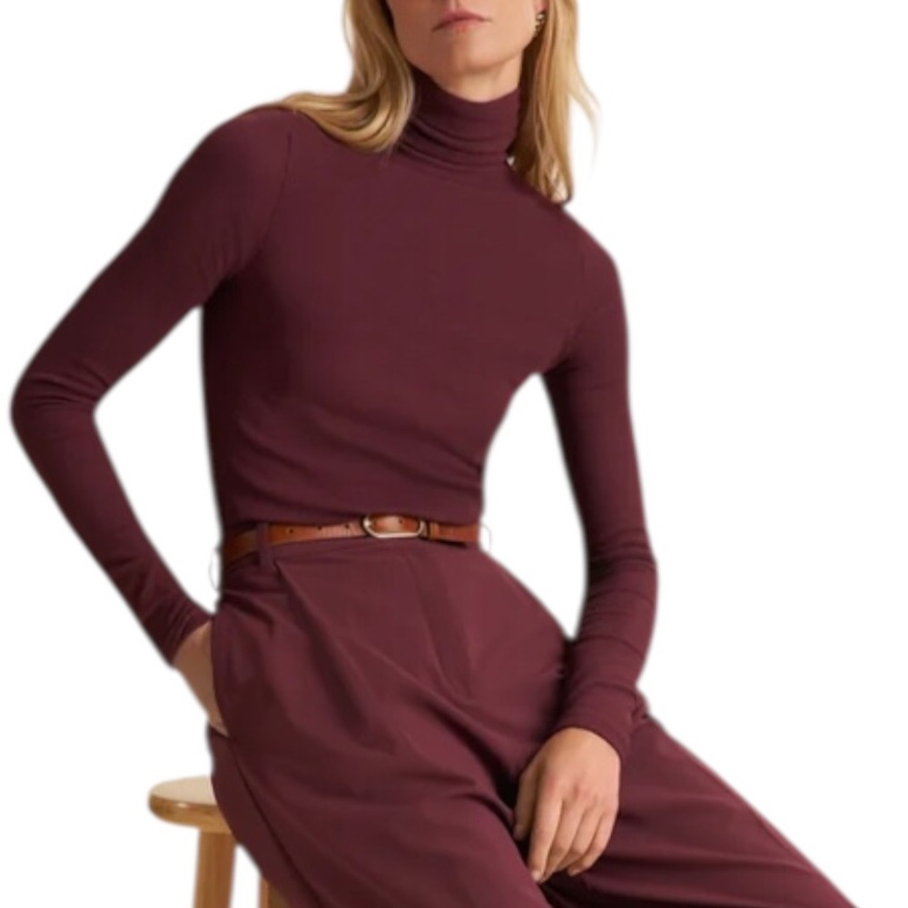 M.M. LAFLEUR Burgundy Axam Layering Ribbed Thin Pima Cotton Turtleneck Top XS